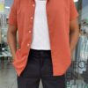 CAMISA CUELLO CUBANO MANGA CORTA TERRACOTA
