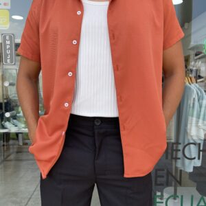 CAMISA CUELLO CUBANO MANGA CORTA TERRACOTA