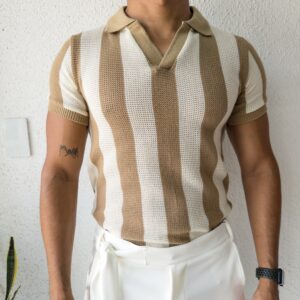 CAMISA TEJIDA CUELLO V BLANCO/CAQUI