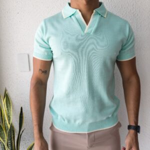 CAMISA TEJIDA CUELLO V CELESTE