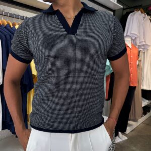 CAMISA TEJIDA CUELLO V AZUL MARINO