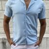 CAMISA CUELLO CUBANO SEDA CELESTE